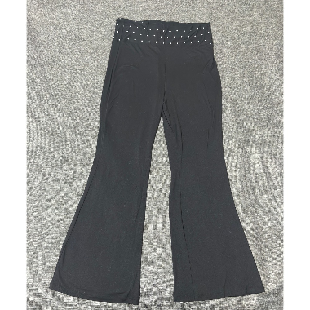 LA Glow Womens XL Flare Pants Black Polka Dot Waist Yoga Lounge